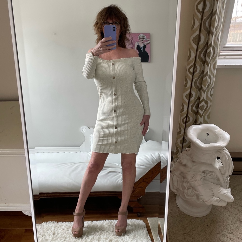 STELLA TWEED RIBBED KNIT COTTON BLEND LONG SLEEVE DRESS OFF THE SHOULDER